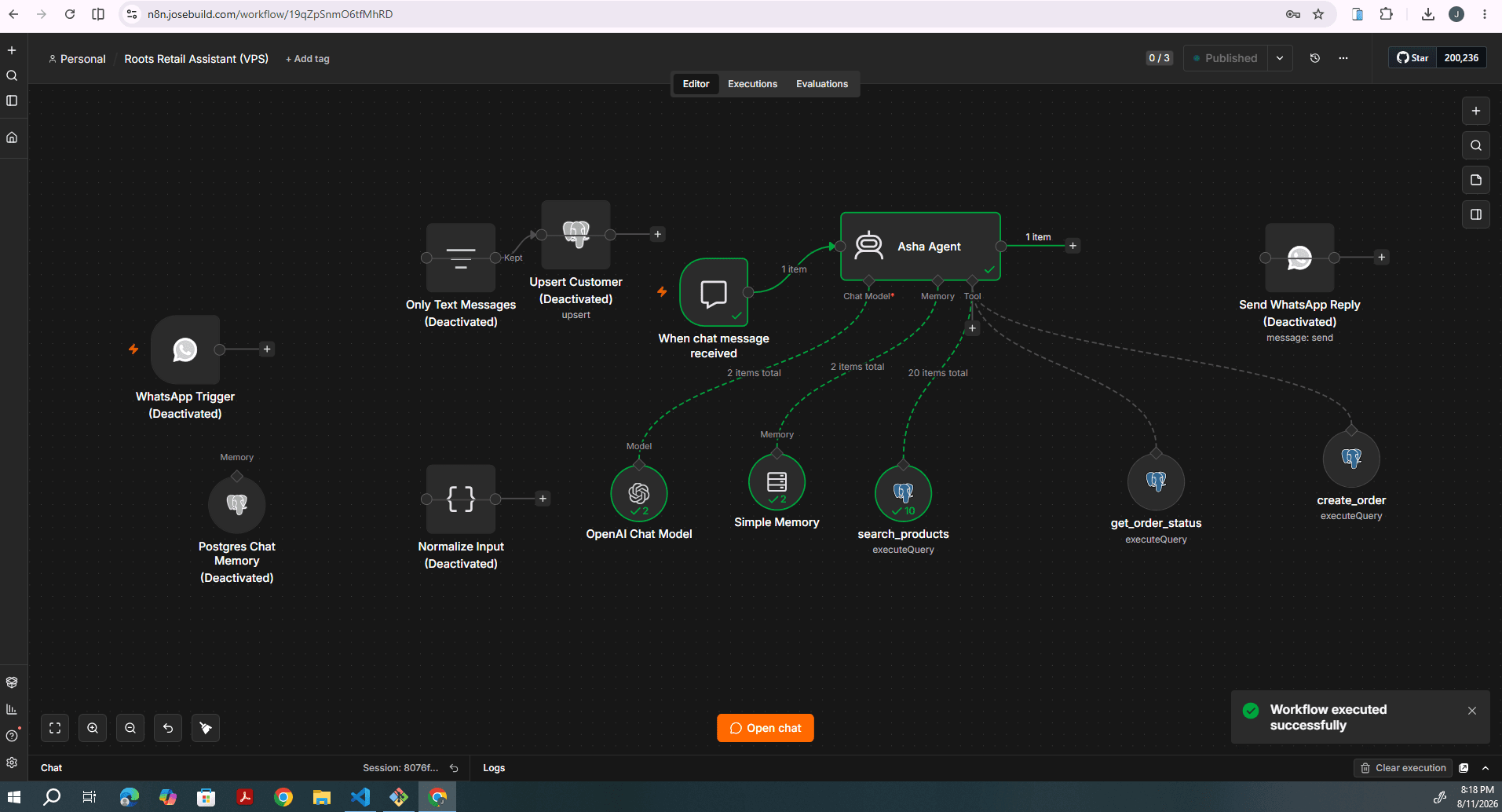 Workflow diagram. A chat trigger feeds the Asha agent with memory and an OpenAI model, plus Postgres tools for product search, order status and order creation. Disabled WhatsApp nodes show the production channel.
