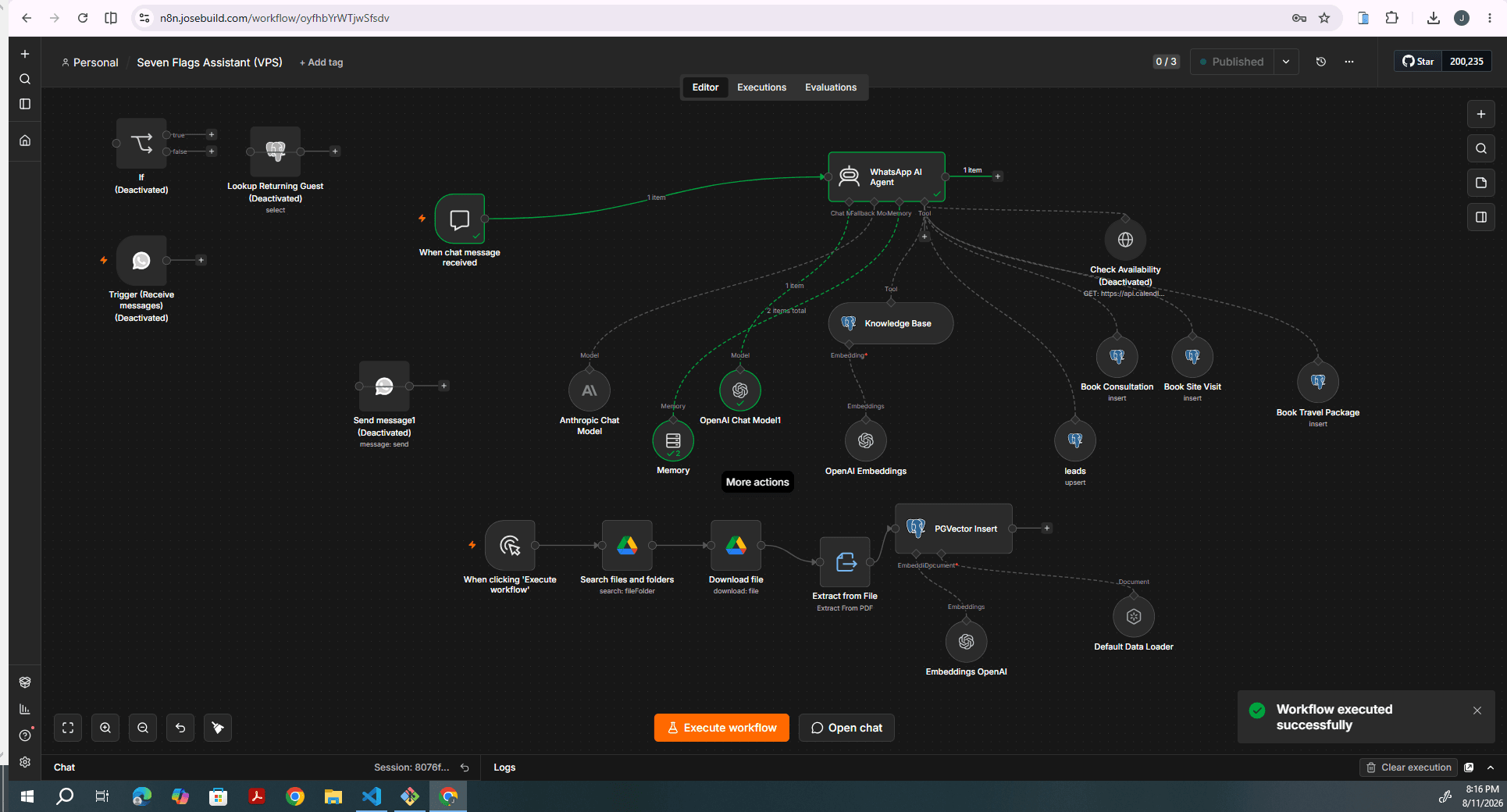 Workflow diagram. A chat trigger feeds a WhatsApp AI agent with memory, OpenAI and Claude models, a pgvector knowledge base tool, Calendly availability, and booking and lead tools writing to Postgres. Below, an ingestion chain pulls PDFs from Google Drive into the vector store.