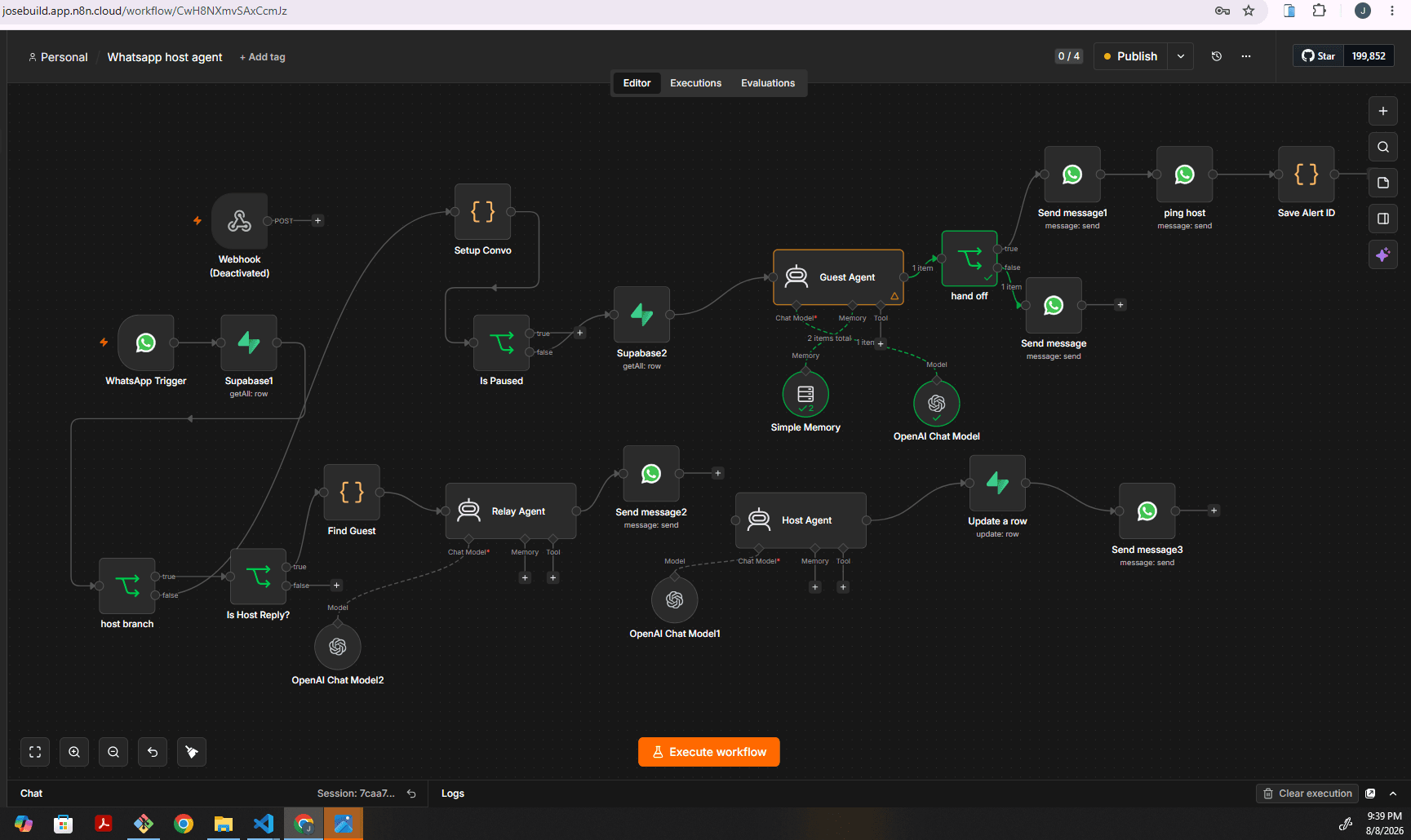Workflow diagram. A WhatsApp trigger feeds a guest agent with memory and a chat model, a hand off branch pings the host and saves an alert, and a relay agent passes the host reply back to the guest.